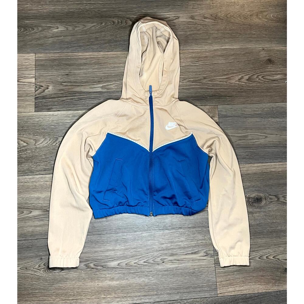 Nike Sportswear Hoodie Girls Medium Beige Blue Fleece Raglan Sleeve Full Zip